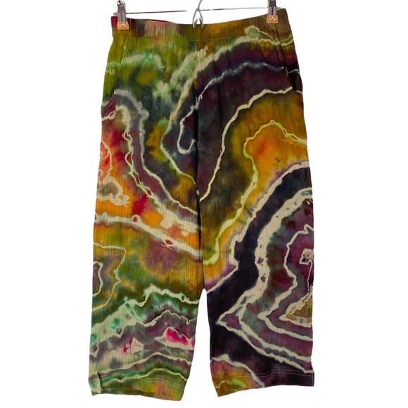 Handmade Tie Dye Pants Womens Small Geode Culottes Capri Crops Gold Purple Green - Picture 1 of 12